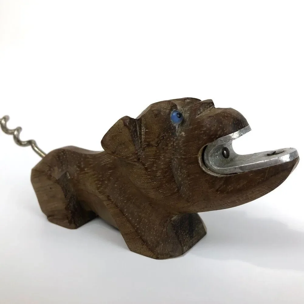 VTG Bulldog Bottle Opener  Corkscrew Hand Carved Wood France Blue Glass Eyes